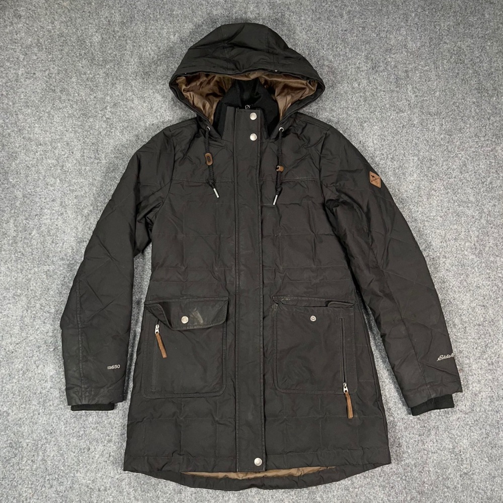 Eddie Bauer 650 Down Parka Jacket Women XS Quilted Hooded Winter Over Coat Black